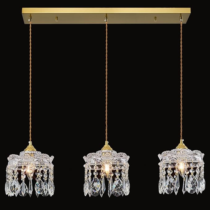 3-Light Brass Vintage Glass Pendant, Crystal Pendant Light, Adjustable Height Lighting for Kitchen Island, Dining Room, Farmhouse, Living Room(Long Chassis)