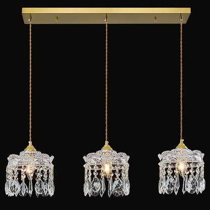 3-Light Brass Vintage Glass Pendant, Crystal Pendant Light, Adjustable Height Lighting for Kitchen Island, Dining Room, Farmhouse, Living Room(Long Chassis)