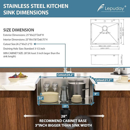 25 Inch Drop In Kitchen Sink - Lepuday 25×22x9 inch Kitchen Sink Drop In Stainless Steel Topmount Sinks 16 Gauge Single Bowl Top mount Sinks