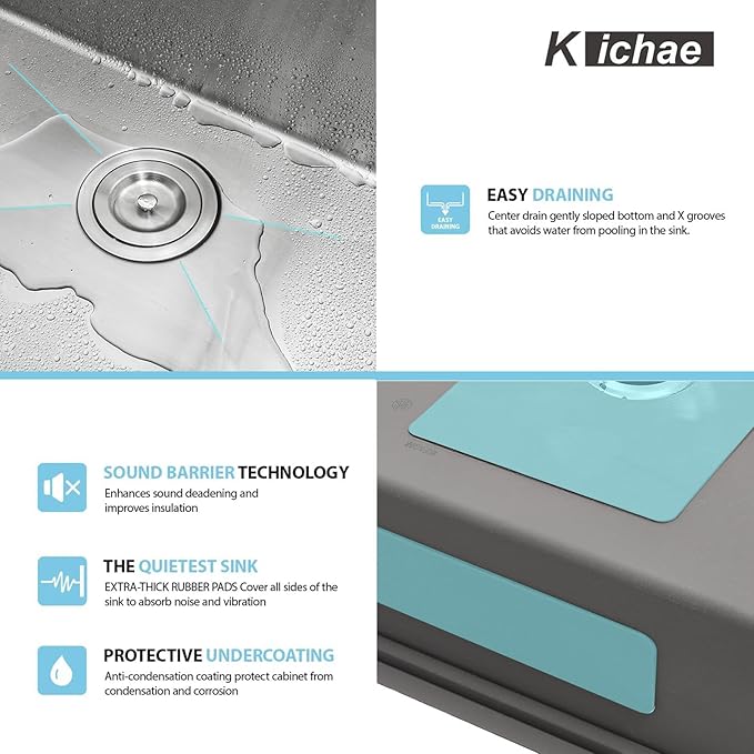 Kichae 36 Undermount Kitchen Sink- 36 x 19 Undermount Sink Ledge Workstation Stainless Steel 16 Gauge Single Bowl Round Corner Handmade with Cutting Board
