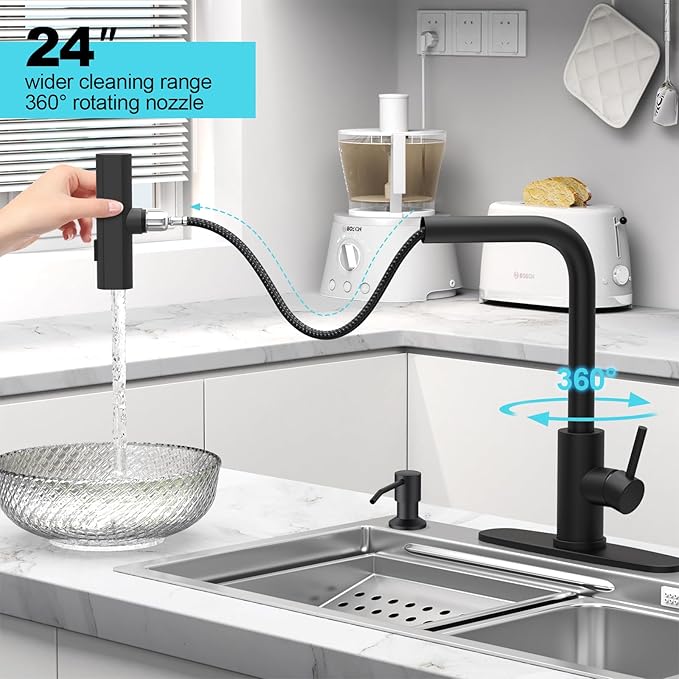 AVSIILE Matte Black Waterfall Kitchen Faucets with Pull Down Sprayer & Soap Dispenser, Single Hole & Handle, Pull Out Tap, Stainless Steel Sink Faucet, Suitable for Farmhouse Camper Laundry Rv Bar
