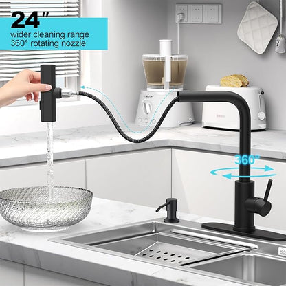 AVSIILE Matte Black Waterfall Kitchen Faucets with Pull Down Sprayer & Soap Dispenser, Single Hole & Handle, Pull Out Tap, Stainless Steel Sink Faucet, Suitable for Farmhouse Camper Laundry Rv Bar