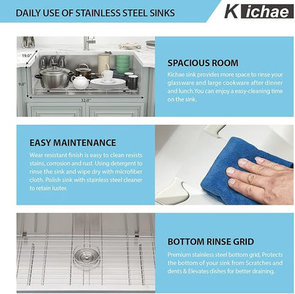 Kichae 32 Inch Undermoun Kitchen Sink Single Bowl Stainless Steel Undermount 16 Gauge Round Corner Handmade Modern Rectangular Under Counter Kitchen Sinks