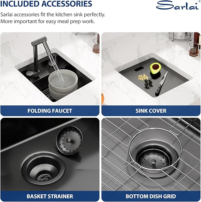 Sarlai Undermount Bar Sink, 13x15 Inch Undermount Outdoor Sink Workstation with Foldable Faucet Bar Prep Single Bowl Gunmetal Black 16 Gauge Stainless Steel Sinks with Cover BBQ Sinks Outside