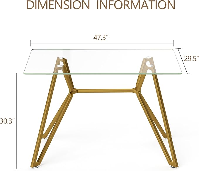 SSLine 47.3" Rectangle Glass Dining Table for 4 Modern Clear Glass Tabletop Kitchen Table for 4 Luxury Dinner Tables with Gold Nest Metal Base for Home Kitchen Dining Room(Table Only)