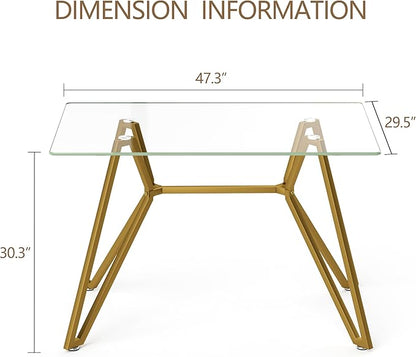 Glass Dining Table,47.3'' Rectangular Dining Kitchen Table,Modern Dining Room Table with Gold Metal Base for Dining Room (Gold,47.3'')