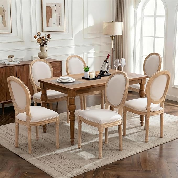 SoarFlash French Dining Chairs Set of 6, Vantage Linen Dining Chair with Round Back, Farmhouse Country Dining Chair for Living Room,Kitchen,Bedroom,Beige