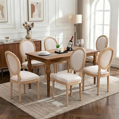 SoarFlash French Dining Chairs Set of 6, Vantage Linen Dining Chair with Round Back, Farmhouse Country Dining Chair for Living Room,Kitchen,Bedroom,Beige