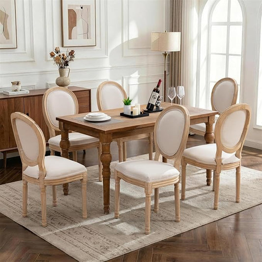 SoarFlash French Dining Chairs Set of 6, Vantage Linen Dining Chair with Round Back, Farmhouse Country Dining Chair for Living Room,Kitchen,Bedroom,Beige