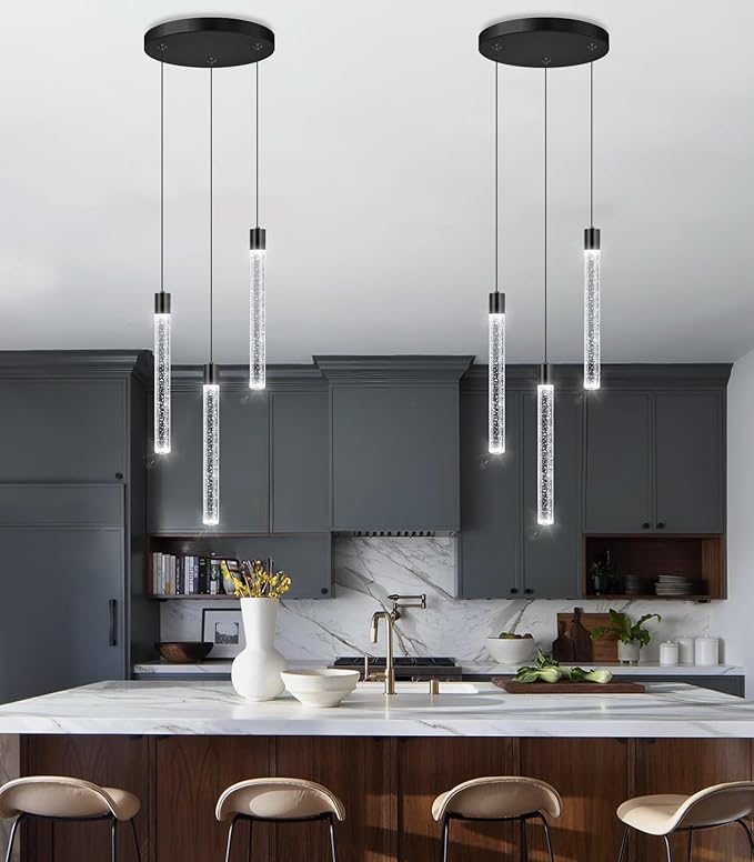 3 Lights Crystal Pendant Lights for Kitchen Island Mini Chandelier Adjustable Hanging Ceiling Light fixtures LED Dimmable Pendant Lighting for Dining Room Hallway
