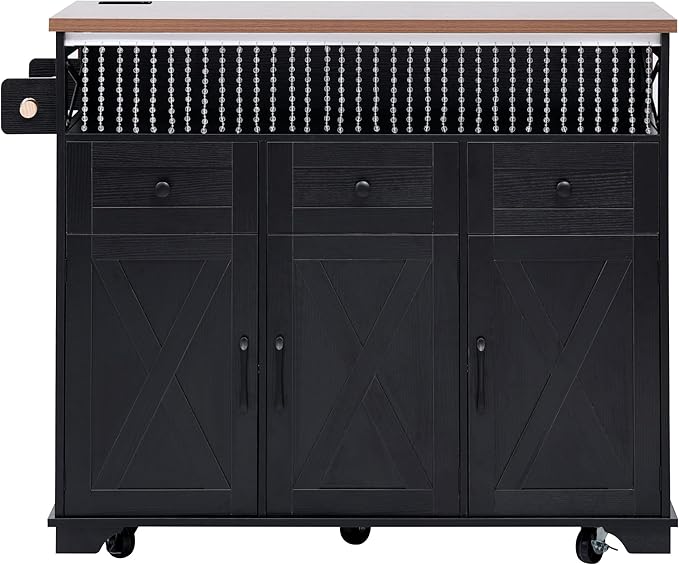 Ball & Cast 46.5" Kitchen Island with Drape of Beads&Power Outlet,Rolling Kitchen Cart on 5 Wheels W/ 3 Drawers,Kitchen Storage Cart W/Internal Iron Shelf&Towel Rack,for Kitchen,Dining Room,Black
