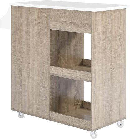 Modway Culinary Rolling Kitchen Cart with Storage in Oak White - 3 Tiers Kitchen Island on Wheels with Spice Rack, Functional as a Coffee Station, Bar Cabinet or Butcher Block Island
