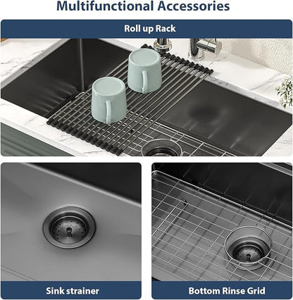 Lordear 32 Black Kitchen Sink Undermount 32x19x10 Inch Gunmetal Black 16 Gauge Stainless Steel Single Under Counter Rectangular Handmade Sinks Basin