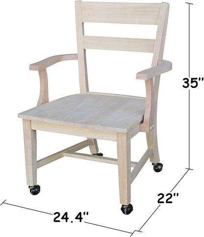 IC International Concepts, Solid Wood Dining Chair with Casters, Unfinished, 225lbs wt capacity, Solid Real Wood, Sturdy Parawood, DIY, Paint/Stain Ready, Unfinished