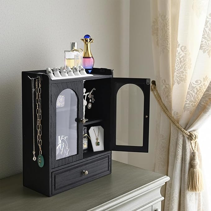 Ikee Design Wooden Countertop Storage Cabinet with Magnetic Door, Adjustable Shelves, Removable Hooks and Drawer for Perfume, Makeup, Pantry, Black Color, 12.2 W x 6 D x 15.7 H in
