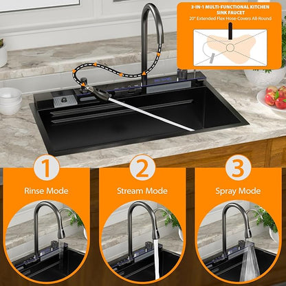 Mocoloo 33 Inch Black Honeycomb Waterfall Kitchen Sink Drop in, 33x19 Inch Stainless Steel Workstation Sink 16 Gauge Topmount Single Bowl Sink with Complete Kit