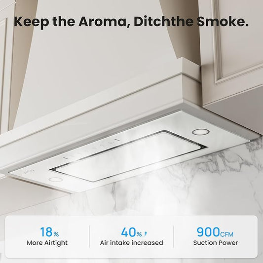 VIKIO HOME Range Hood Insert 30 Inch - Built-in 900 CFM Ducted/Ductless Range Hood with 3 Speed Fan, White Stainless Steel & Tempered Glass with Gesture Sensing &Touch Control for Over Kitchen Stove