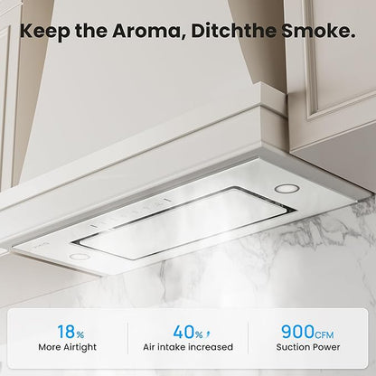 VIKIO HOME Range Hood Insert 36 inch, 900 CFM Ducted/Ductless Convertible, Stainless Steel & Tempered Glass White 36 inch Built-in Range Hood, With 3-Speed Fan and Gesture Sensing &Touch Control