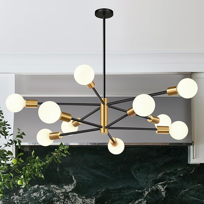 32" Modern Chandelier Ceiling Light Fixture, 10-Light Sputnik Chandeliers Brushed Gold and Black Dining Room Light Fixture, Height Adjustable Chandeliers for Dining Room Living (Bulbs Not Included)