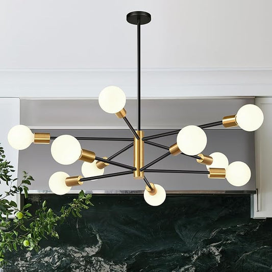 32" Modern Chandelier Ceiling Light Fixture, 10-Light Sputnik Chandeliers Brushed Gold and Black Dining Room Light Fixture, Height Adjustable Chandeliers for Dining Room Living (Bulbs Not Included)