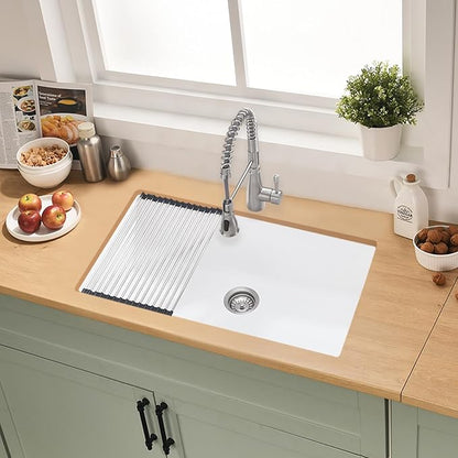 33 Inch White Undermount Kitchen Sink, 33x19 Inch Granite Composite Kitchen Sink Undermount Quartz Single Bowl Dual Mount Deep Basin with Countertop Squeegee Brush Combo