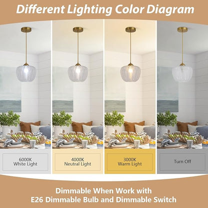 KCO Lighting Clear Glass Pendant Lights Kitchen Island Light Fixture Vintage Ribbed Glass Ceiling Light Antique Brass Pendant Light Gold Globe Pendant Light Fixture