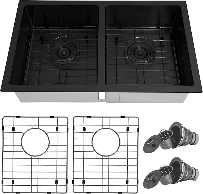 Black RV Kitchen Sink 27 X 16 inch,50/50 Double Bowl Undermount Kitchen Sink,16 Gauge Stainless Steel Kitchen Sinks for RV