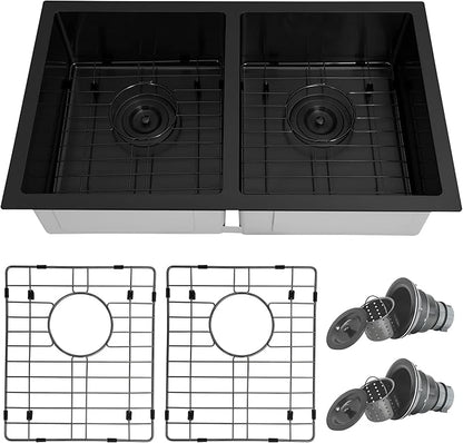 Black RV Kitchen Sink 27 X 16 inch,50/50 Double Bowl Undermount Kitchen Sink,16 Gauge Stainless Steel Kitchen Sinks for RV