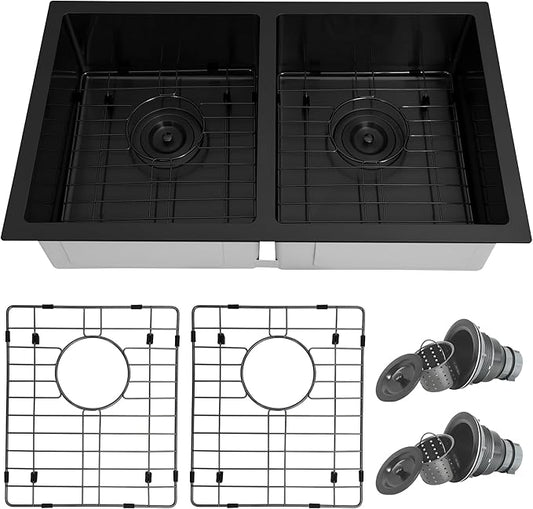 Black RV Kitchen Sink 27 X 16 inch,50/50 Double Bowl Undermount Kitchen Sink,16 Gauge Stainless Steel Kitchen Sinks for RV