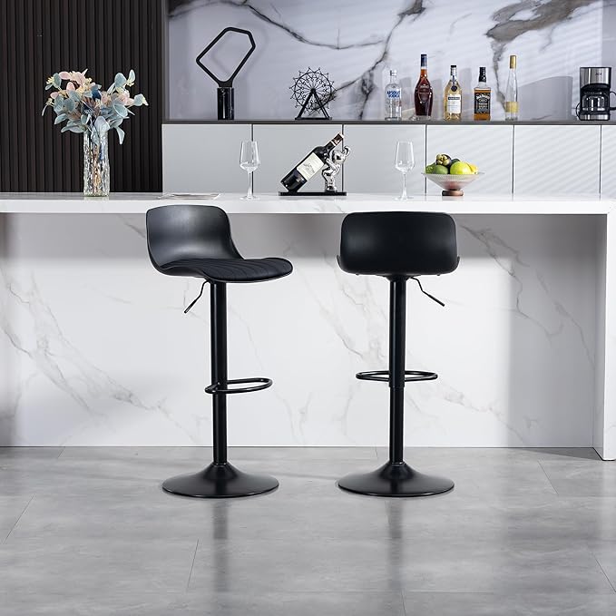 Bar Stools Set of 2 PU Leather Counter Height Bar stools with Back, Height Adjustable Swivel Kitchen Island Chairs, Armless, Large Base Black