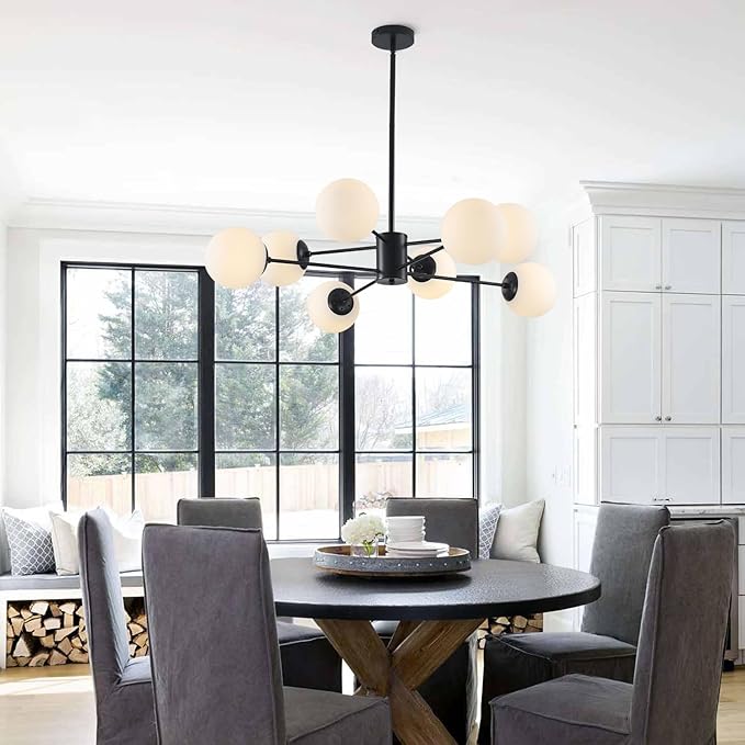 BOKT Modern 8-Lights Globe Sputnik Chandelier Mid Century Matte Black Chandelier Ceiling Mount Light Fixture with Milky White Glass Glass Lampshade for Dining Room Living Room