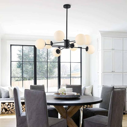BOKT Modern 8-Lights Globe Sputnik Chandelier Mid Century Matte Black Chandelier Ceiling Mount Light Fixture with Milky White Glass Glass Lampshade for Dining Room Living Room