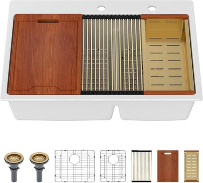 Sarlai 33 Granite Composite Kitchen Sink Double Bowl - 33"x22" White Granite Kitchen Sink Drop In Ledge Workstation Double Bowl 60/40 Low Divided Quartz Composite Above Counter with Gold Accessories