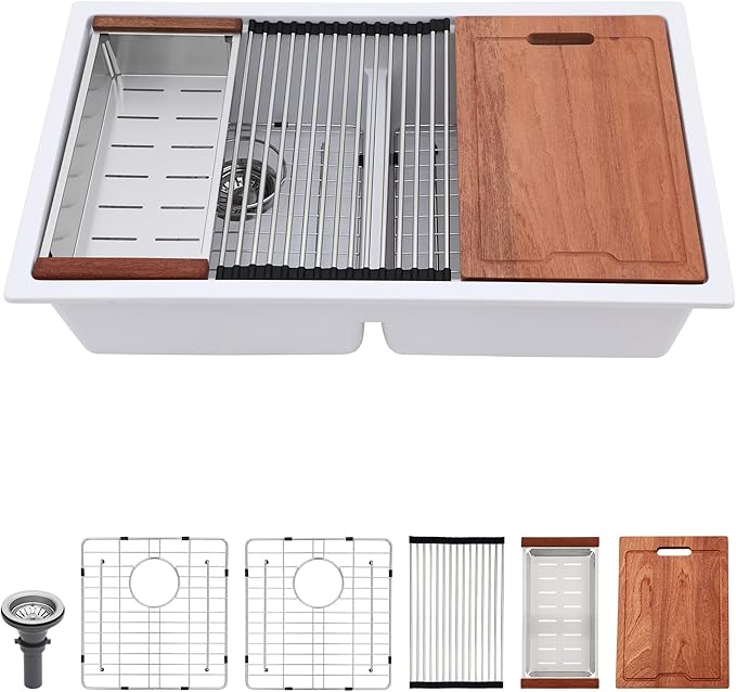 Lordear 33 Granite Composite Kitchen Sink Double Bowl White Granite Kitchen Sink Ledge Workstation 33"x19" White Undermount Double Bowl 50/50 Low Divide Quartz Classic Composite Under Counter Basin
