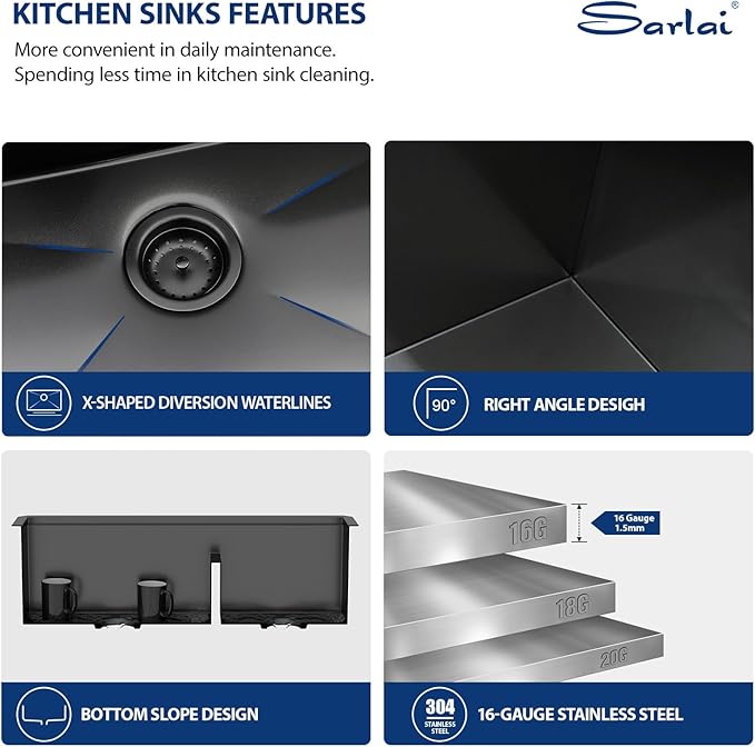 Sarlai 33 Inch Black Undermount Kitchen Sink Double Bowl 33 x 19 Inch Low Divided Gunmetal Black Workstation Double Kitchen Sink Stainless Steel 16 Gauge 60/40 Sinks Basin