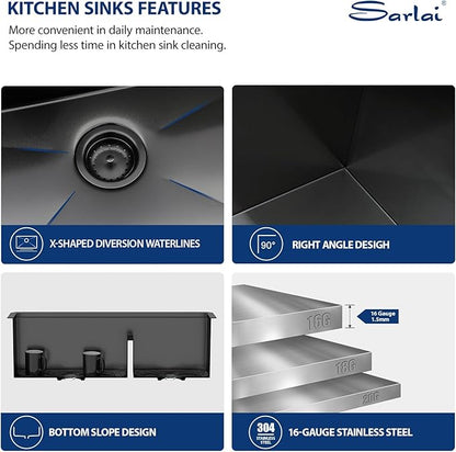 Sarlai 33 Inch Black Undermount Kitchen Sink Double Bowl 33 x 19 Inch Low Divided Gunmetal Black Workstation Double Kitchen Sink Stainless Steel 16 Gauge 60/40 Sinks Basin