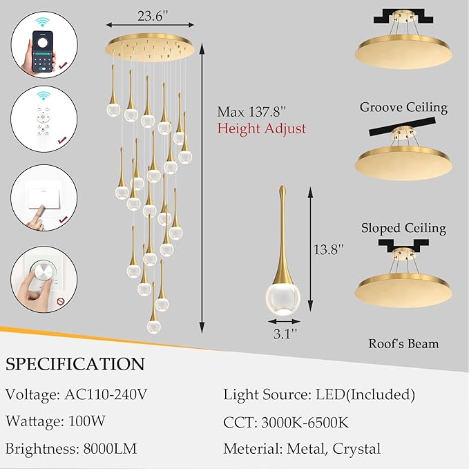 20 Light Crystal Chandelier for High Ceiling Dimmable LED Pendant Lights with Remote Adjustable Chandeliers for Staircase Foyer Living Room Gold