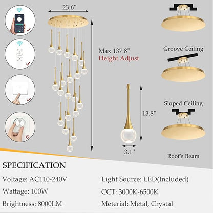 20 Light Crystal Chandelier for High Ceiling Dimmable LED Pendant Lights with Remote Adjustable Chandeliers for Staircase Foyer Living Room Gold
