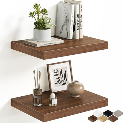 Floating Shelves for Wall, 16'' W x 12'' D Wall Mounted Rustic Wood Shelves for Bathroom, Bedroom, Living Room, Kitchen, Hanging Shelf for Storage/Room Decor with Heavy Duty Brackets, Walnut, 2 Pack