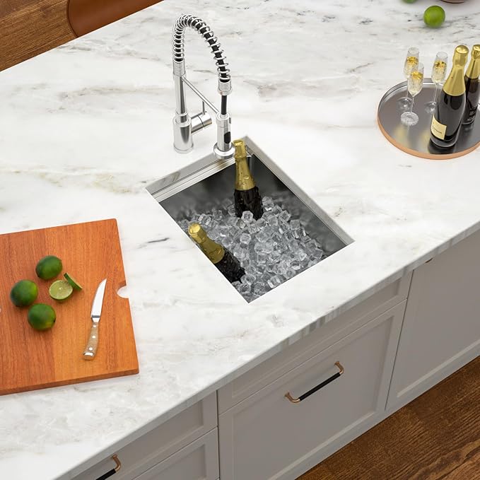 14 Undermount Bar Sink Workstation - Dcolora 14 Inch Stainless Steel Bar Prep Sink with Ledge Round Corner X Grooves Wood Cutting Board 16 Gauge Single Bowl RV Camper Kitchen Sink Basin
