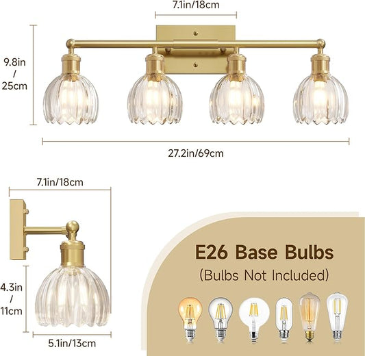4 Light 27.2 in Bathroom Vanity Light,Rustic Brass Bathroom Lighting Fixtures Over Mirror, Vintage Vanity Mirror Lights Clear Tulip Glass Wall Sconce for Living Room,Bedroom,Hallway,E26 Base