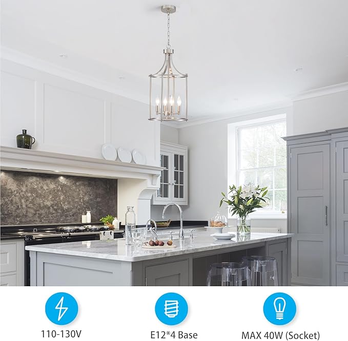 XINGQI Brushed Nickel Chandeliers for Dining Room,4 Light Hanging Lantern Pendant Light Fixture Metal Farmhouse Geometric Chandelier Cage Pendant for Kitchen Island Entryway Living Room