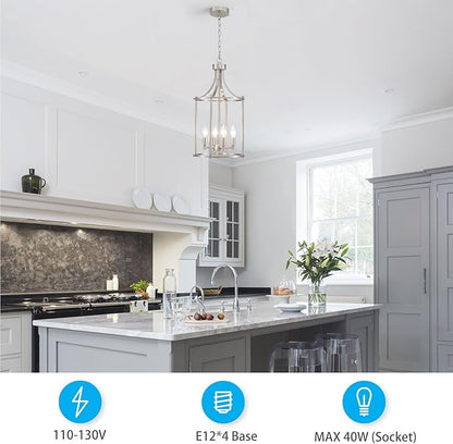 XINGQI Brushed Nickel Chandeliers for Dining Room,4 Light Hanging Lantern Pendant Light Fixture Metal Farmhouse Geometric Chandelier Cage Pendant for Kitchen Island Entryway Living Room