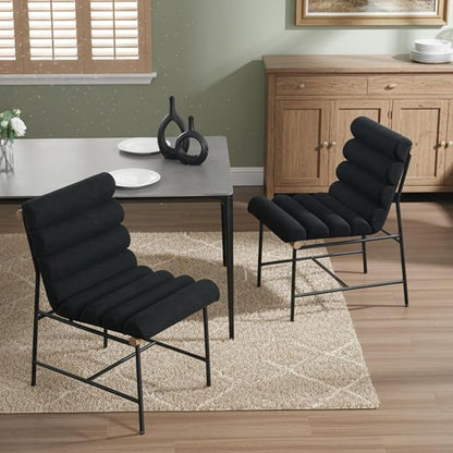 Modern Upholstered Dining Chairs Set of 2, Black Linen Dining Room Chairs with Tufted Back & Cushion, Comfy Armless Kitchen Chairs with Black Metal Legs for Dinner Living Room