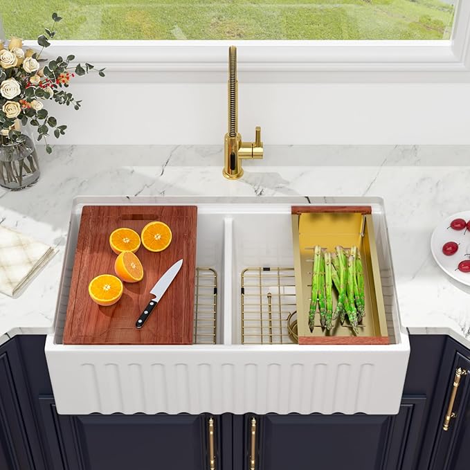 33 White Farmhouse Sink Double Bowl- Kichae 33 x 20 Inch Farmhouse Kitchen Sink Ledge Workstation Apron Front Ceramic Porcelain Single Bowl with Gold Accessories