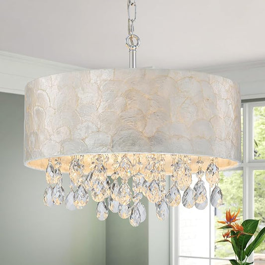 LumFurn 4-Light Drum Capiz Shell Crystal Chandeliers, Coastal Style Pendant Light Fixture for Dining Room, Living Room, D18 x 21~68"(Adjustable), Shell Lampshade & Chrome Finish