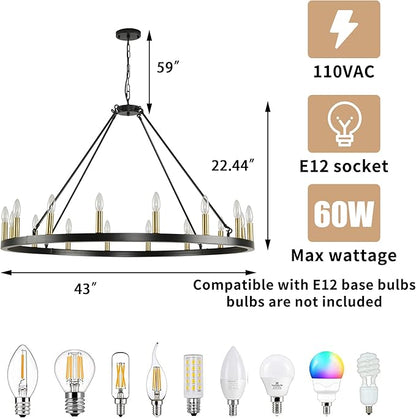 43" Wagon Wheel Chandelier, 16-Light Farmhouse Chandeliers for Dining Room, Black and Gold Foyer Lighting Fixtures, Hanging Pendant Lights Kitchen Island, for Living Room, Entryway, Hallway
