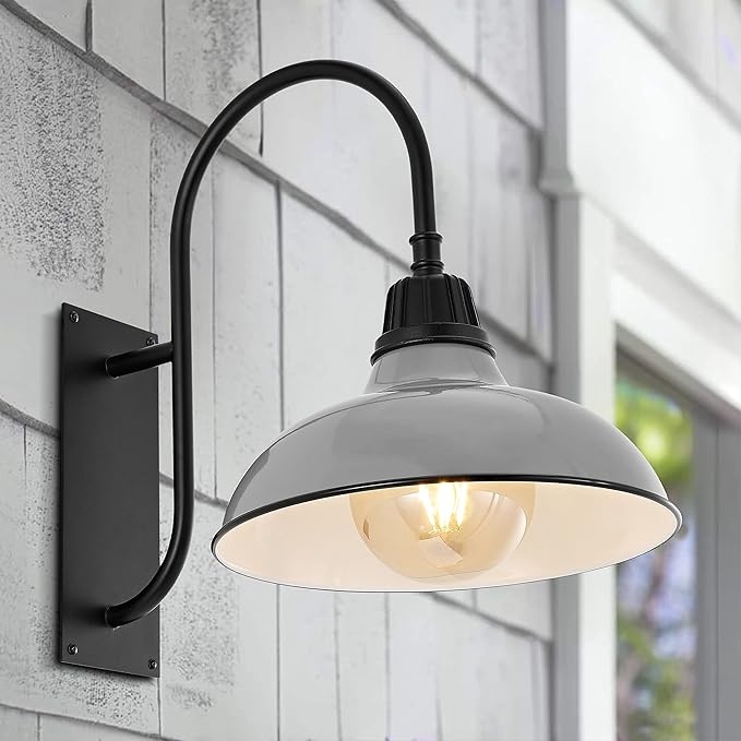 JONATHAN Y 12.25" Gray/Black 1-Light Farmhouse Gooseneck Outdoor Wall Sconce Lamp, with Black Metal Bowl Shade, Industrial Iron LED Porch Light for Patio Garage Entryway (JYL7614D)
