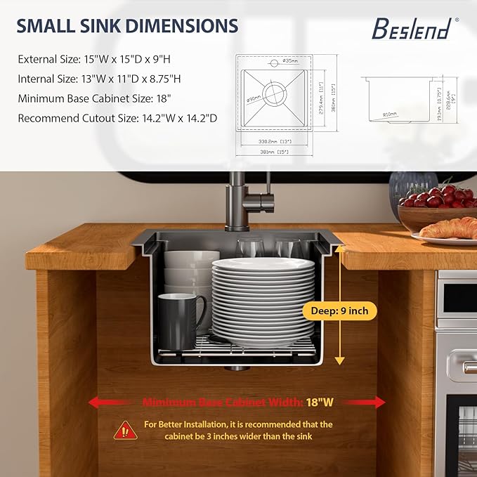 15 Inch Drop In RV Bar Sink - Beslend 15x15 Gunmetal Black Topmount Sink for RV Camper, Black Stainless Steel Wet Bar Workstation with Cutting Board, Roll-up Rack, Drain Assembly & Rinse Grid