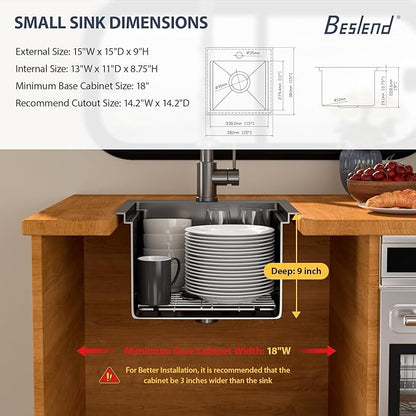 15 Inch Drop In RV Bar Sink - Beslend 15x15 Gunmetal Black Topmount Sink for RV Camper, Black Stainless Steel Wet Bar Workstation with Cutting Board, Roll-up Rack, Drain Assembly & Rinse Grid